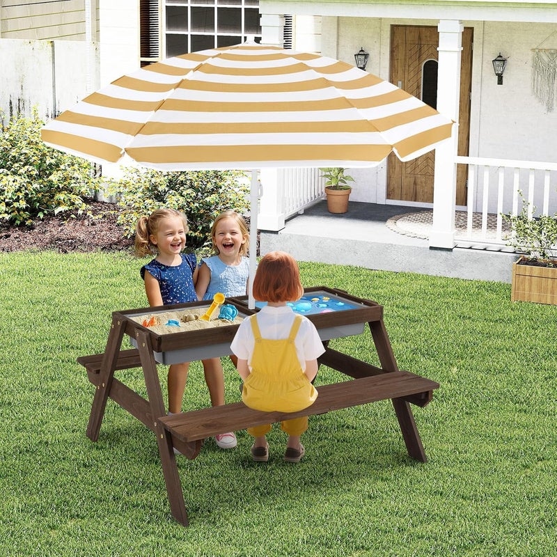 Olakids Kids Picnic Table, 4 in 1 Outdoor Toddler Sand Water Wooden Table and Chair Set with Removable Umbrella, Children Activity Furniture Bench Set for Patio Garden Backyard - Image 2
